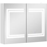 Armário Casa de Banho com Espelho e Luz LED Interruptor Tátil e Cor da Luz Ajustável 80x15x65 cm Branco Brilhante