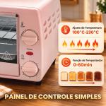 Forno Elétrico de Bancada 10 L 750 W com Temperatura até 230 °C e Temporizador 36,5x26x22 cm Rosa