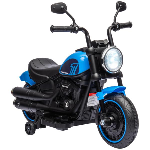 Motocicleta Elétrica para Crianças de 18 - 36 Meses com Bateria 6V Farol e Rodas Auxiliares Removíveis 76x42x57 cm Azul
