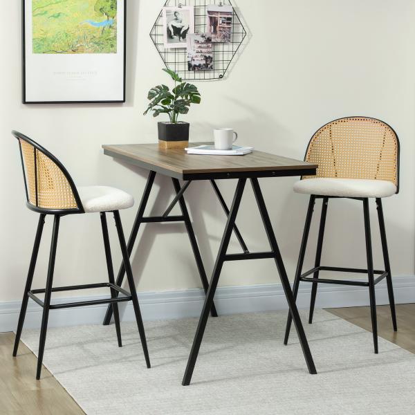 Conjunto de 2 Bancos de Bar Bancos Altos de Cozinha com Encosto de Vime Assento Estofado em Borrego 48x54x102 cm Creme