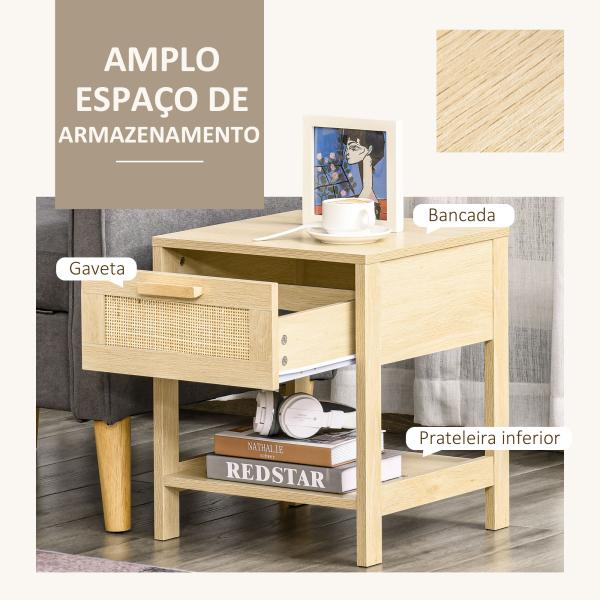 Mesa de cabeceira em malha Mesa lateral com gaveta e prateleira inferior em DM e vime para quarto Sala 40x40x48 cm Cor madeira
