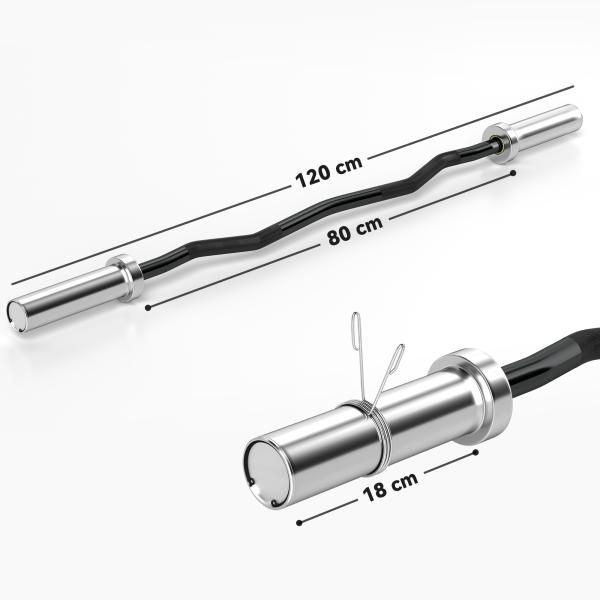 Barra de Pesos de Aço 120 cm Barra Curl EZ Ø50 mm com 2 Grampos Carga 100 kg Barra Olimpica para Discos de Ø5 cm Prata e Preto