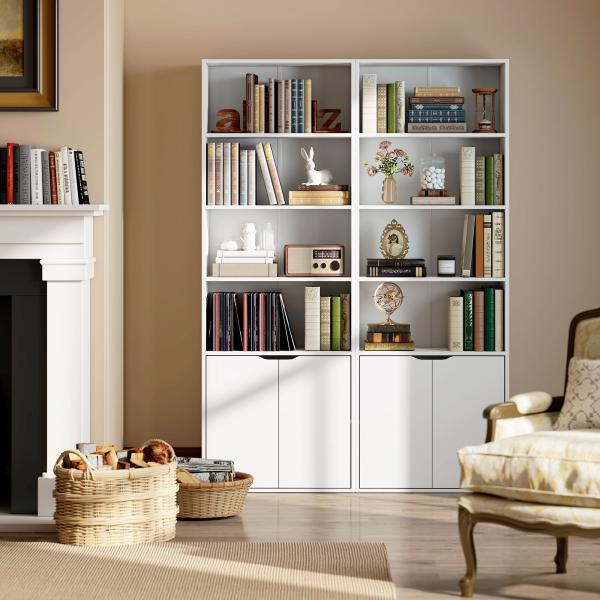 Estante para Livros com 4 Compartimentos Abertos e 1 Armário com 2 Prateleiras Armazenamento Livros Plantas para Sala de Estar Escritório 59x29x180cm Branco