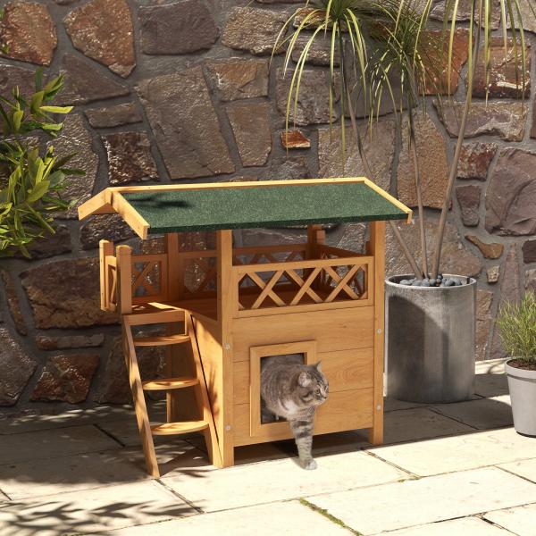 Casa para Gatos de Madeira 77x50x73cm com 2 Níveis Teto Asfáltico Terraço Cercado Caverna e Escada Madeira