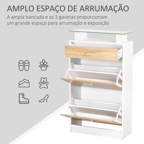 Sapateira de 2 Portas Sapateira Estreito para 12 Pares de Sapatos com Gaveta e Bancada de Vidro 60x24x105,5cm Branco