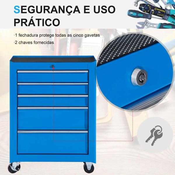 Carrinho de Ferramentas para Oficina com Rodas e 5 Gavetas Fechadura e Alça Lateral 61,5x33x85 cm Azul