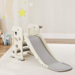 Escorrega Infantil 3 em 1 Dobrável com Escada Cesto de Basquetebol e Desenho de Dinossauro 146x52x65 cm Creme e Cinza