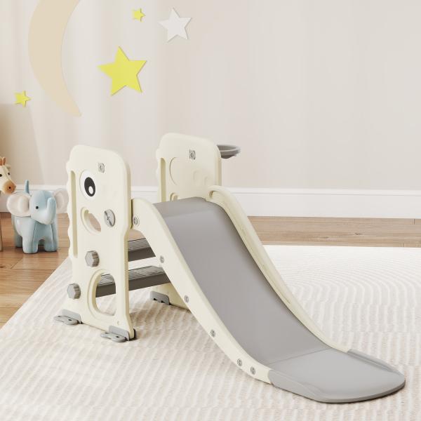 Escorrega Infantil 3 em 1 Dobrável com Escada Cesto de Basquetebol e Desenho de Dinossauro 146x52x65 cm Creme e Cinza