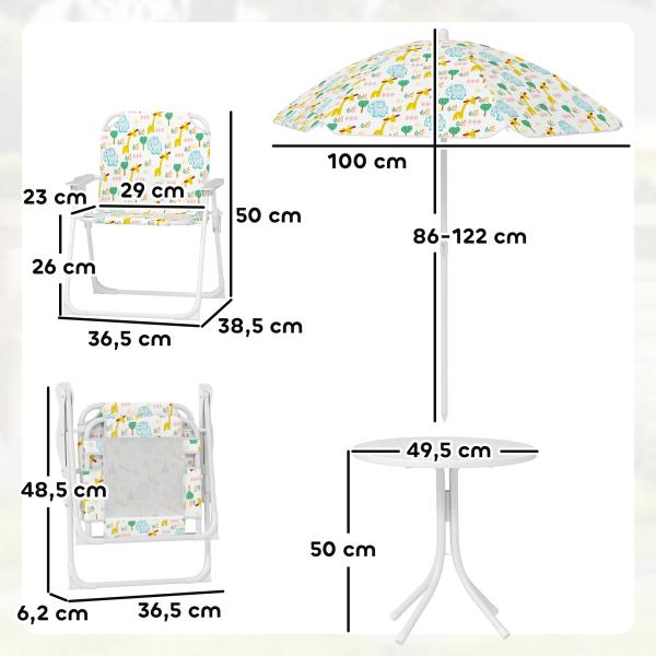 Conjunto Infantil de Mesa e Cadeiras de Jardim 4 Peças Cadeiras Dobráveis Chapéu de Sol Ajustável Design de Elefantes Branco