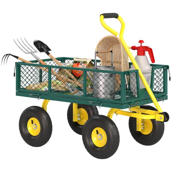 Carrinho de Jardim em Aço com Capacidade 200 kg e Laterais Removíveis 104x54x51 cm Verde e Amarelo
