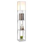 Candeeiro de Pé de Madeira com 3 Prateleiras De Armazenamento para Lâmpada E27 Potência Máx. 40W Candeeiro Moderno para Sala de Estar Dormitório 26x26x160cm Branco