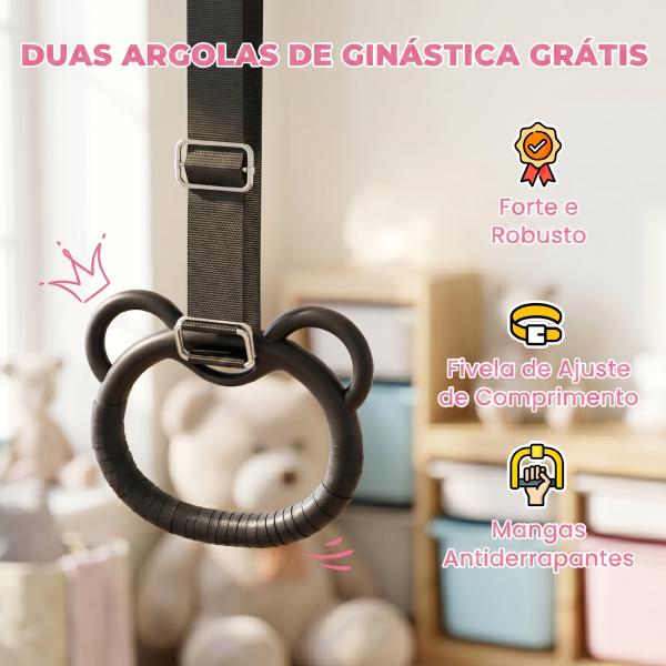 Barra de Ginástica para Crianças com Altura Ajustável em 5 Níveis Anéis e Dobrável 148x105x88 - 128 cm Rosa