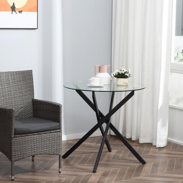 Mesa de Sala de Jantar Redonda com Bancada de Cristal Temperado Transparente e Pés Cruzados de Metal Mesa de Centro Moderna Ø80x75cm Preto