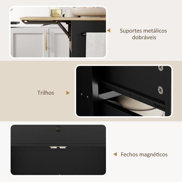 Ilha de Cozinha com Rodas com Lateral Dobrável Gaveta Suporte para Temperos e Prateleira Ajustável 106x42x87 cm Preto e Carvalho