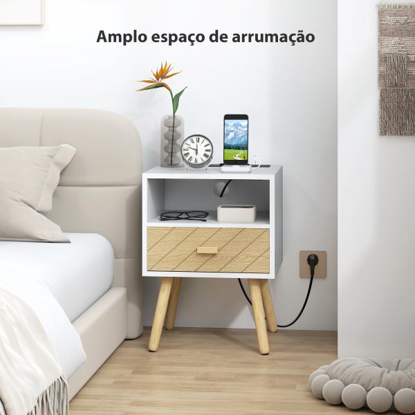 Mesa de Cabeceira com Estação de Carregamento Gaveta 2 Tomadas AC Porta USB e Tipo - C 40x35x54,7 cm Branco