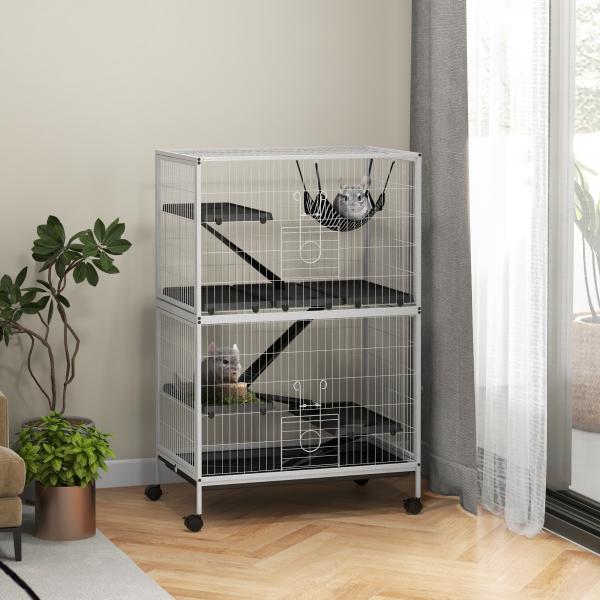 Gaiola para Roedores 80x52x128 cm Casa de 4 Alturas com Rampas Suspensa Rede Bandeja Removível Rodas Branco Rajado e Preto