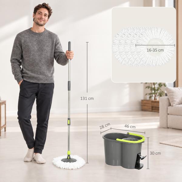 Conjunto de Esfregona e Balde com Espremedor 2 Compartimentos Balde de 20 L 5 Mopas de Microfibra Uso a Seco e Húmido Cinza Escuro