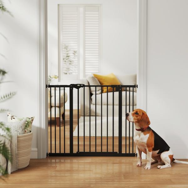 Barreira de Segurança para Cães 74 - 100 cm com Extensões, Montagem por Pressão e Duplo Bloqueio, Preto