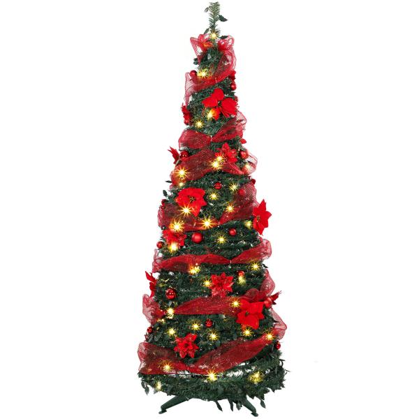Árvore de Natal Artificial 180 cm com 150 Luzes LED 200 Ramos 11 Modos Bolas Fitas e Suporte Dobrável Verde e Vermelho