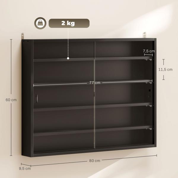 Vitrine de Parede de Madeira com Prateleiras Ajustáveis e 2 Portas Corredeiras de Vidro para Coleções Perfumes 80x9,5x60cm Preto