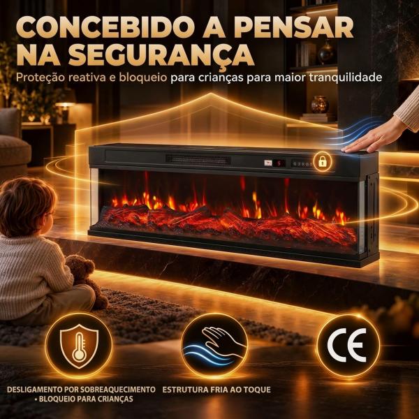 Lareira Elétrica de Encastrar ou Independente 750/1500W, 3 Lados, 12 Cores de Chama 3D, Termóstato, Telecomando, Preta