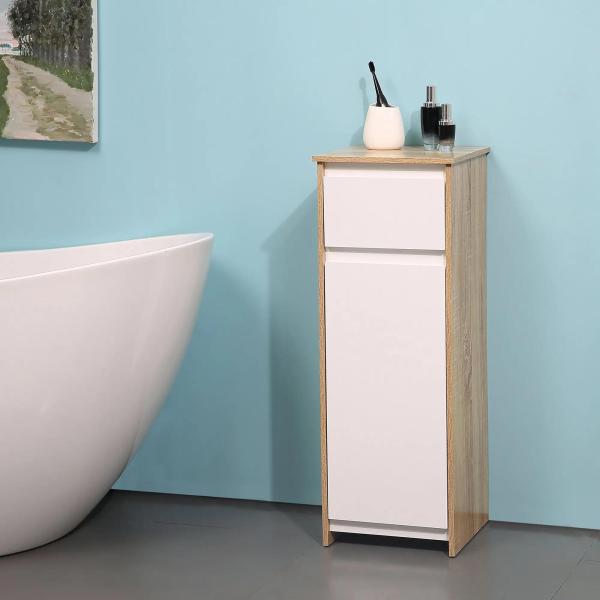 Armário Casa de Banho Baixo Armário de Madeira com Gavetas e 2 Prateleiras para Sala de Estar Dormitório Cozinha 32,6x30x90cm Natural e Branco