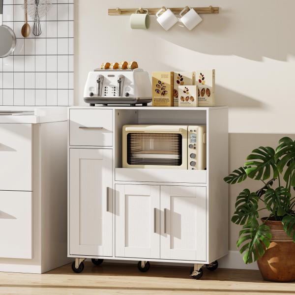 Móvel Auxiliar de Cozinha com Rodas para Microondas com Bandeja Deslizante Gaveta 3 Portas Prateleira Ajustável 80x40x88,7 cm Branco