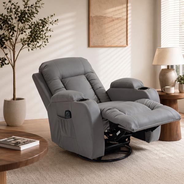 Poltrona de Massagem Giratória Poltrona Relax Reclinável com 8 Pontos de Massagem Função de Aquecimento 82x99x103 cm Cinzento