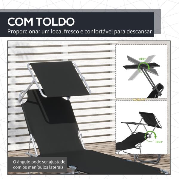Espreguiçadeira de Jardim Dobrável com Toldo Removível e Ajustável em Ângulo e Encosto Ajustável em 4 Posições para Jardim Terraço Campismo Exterior 187x58x36cm Preto