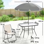 Conjunto de Mesa e Cadeiras de Jardim de 8 Peças com Chapéu de Sol 6 Cadeiras Dobráveis e Mesa de Vidro Creme e Cinza