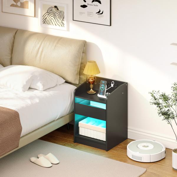 Mesa de Cabeceira com Luzes LED Gaveta Prateleira Estação de Carregamento Entrada USB e Controlo Remoto 40x40x58 cm Branco