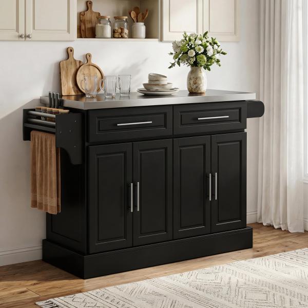 Ilha de Cozinha com Rodas Bancada de Aço Inoxidável 2 Gavetas 4 Portas e 2 Prateleiras Ajustáveis 145x45x93 cm Preto
