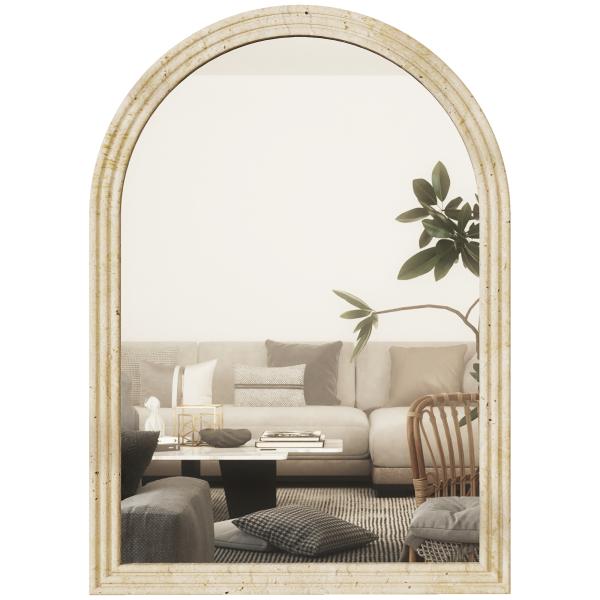 Espelho de Parede Arqueado Espelho de Casa de Banho 60x90 cm com Moldura de Imitação de Pedra Bege