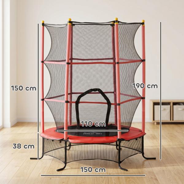 Trampolim para Crianças com Rede de Segurança e Estrutura de Aço para Interiores e Exteriores Carga 50 kg Ø163x190 cm Vermelho