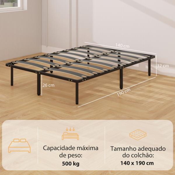 Estrutura 140x190 cm Estrado de Cama de Plataforma de Aço com Ripas de Álamo Fácil de Montar Carga 350 kg Preto