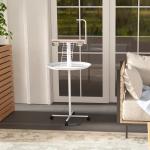 Comedouro para Pássaros em Pé Ø60x138 cm com 4 Rodas 2 Recipientes de Aço Inoxidável e 2 Poleiros Branco