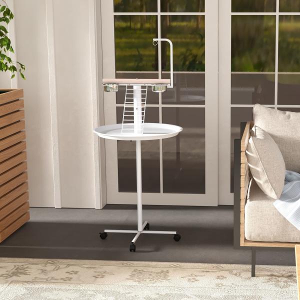 Comedouro para Pássaros em Pé Ø60x138 cm com 4 Rodas 2 Recipientes de Aço Inoxidável e 2 Poleiros Branco