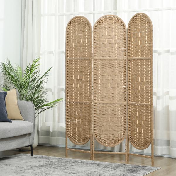 Biombo Separador de Ambientes 3 Painéis 120x170 cm Painel de Privacidade Dobrável Boémio com Topo Arqueado Entrançado à Mão Madeira