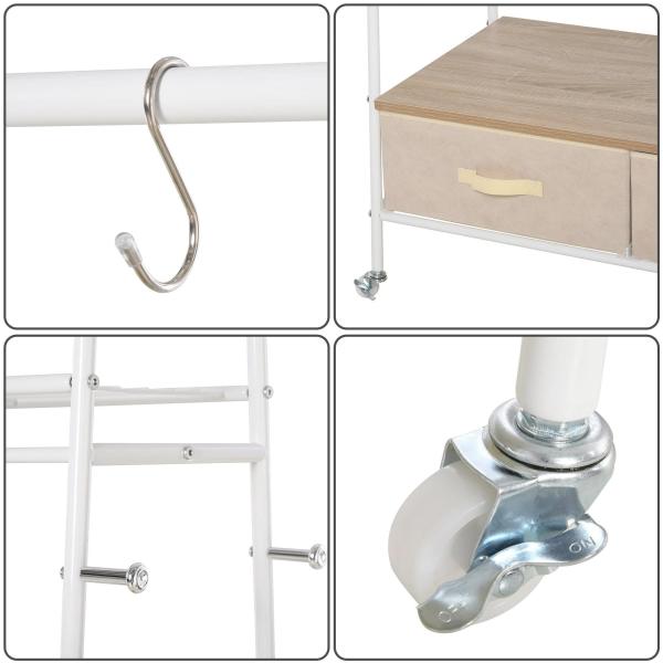 Suporte para Cabides de Metálico Cabideiro com Rodas Prateleira e 2 Gavetas para Organizar Roupas Bolsos 99x47x185cm Branco