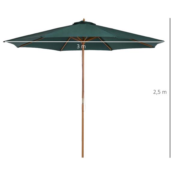 Chapéu de Sol Ø300x250cm Chapéu de Sol com Mastro de Madeira com 8 Hastes Sistema de Polia com Fixação Verde