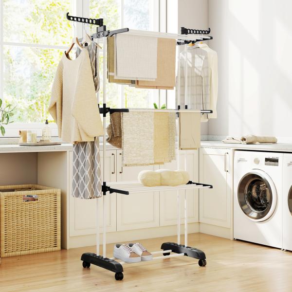 Estendal Dobrável para Roupa com Rodas Estendal Vertical de Aço com 3 Níveis Laterais Dobráveis 73x64x177cm Preto e Branco