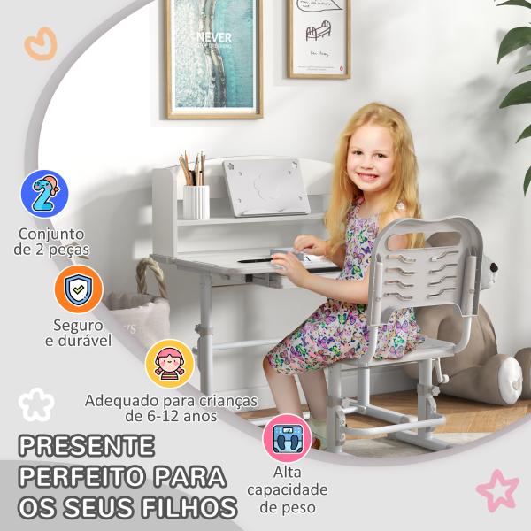 Conjunto de Secretária e Cadeira para Crianças com Altura Ajustável e Ângulo da Mesa Ajustável 80x54,5x82 - 104 cm Cinza e Branco
