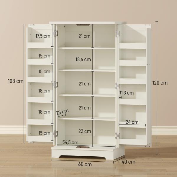 Armário Despenseiro de Cozinha com 2 Portas, 16 Prateleiras e Prateleira Ajustável para Sala de Jantar e Sala de Estar, 60x40x120 cm, Creme