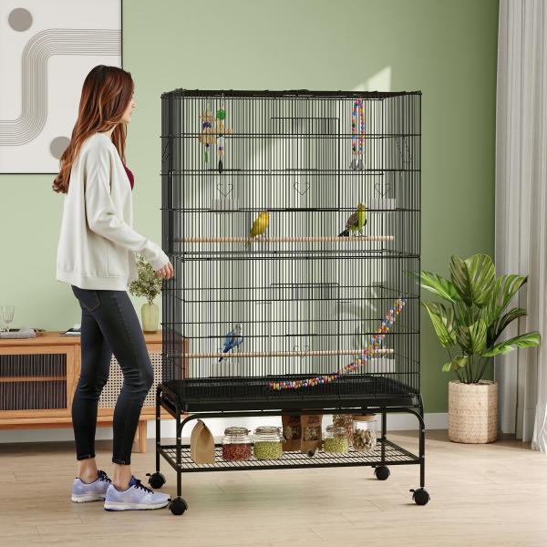 Gaiola para Pássaros com Rodas Comedouros Poleiros Prateleira Inferior Bandeja Removível 97x58x160 cm Preto