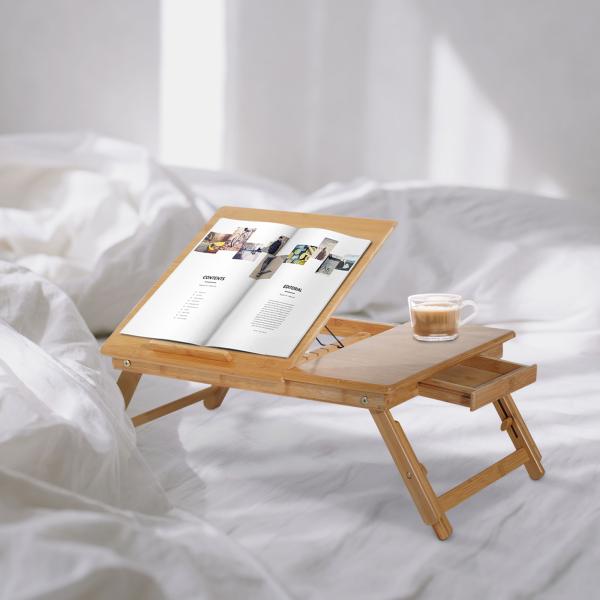 Mesa de Computador Portátil Bambu Dobrável Reclinado Altura ajustável Suporte Mesa de volta 1 Gaveta 55x35x22 - 30cm