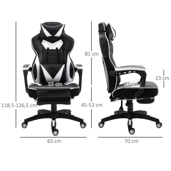 Cadeira de escritorio gaming ergonômica Altura ajustável Reclinável Encosto com apoio para pés 65x70x118,5 - 126,5 cm Branco e Preto