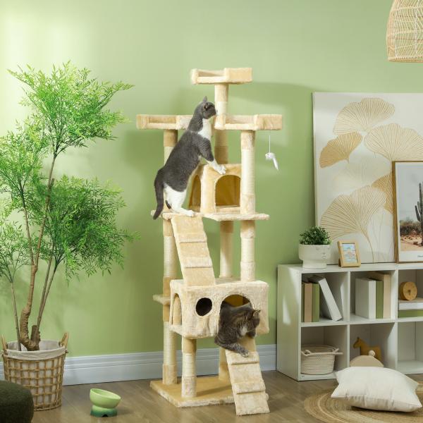 Árvore Arranhador para Gatos Grande 49x49x173 cm com Múltiplos Níveis Cavernas Brinquedos Suspensos Centro de Atividades de Sisal Bege