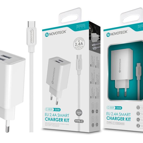 Carregador com Cabo Type-C Branco 2.4A 2 USB NOVOTECK C-003T