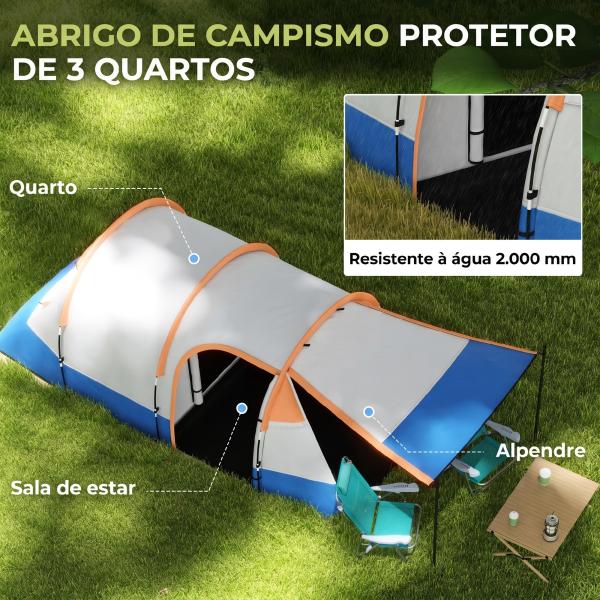 Tenda de Campismo Familiar para 2 - 3 Pessoas com 2 Áreas e Bolsa de Transporte Impermeável 420x200x150 cm Cinza e Laranja
