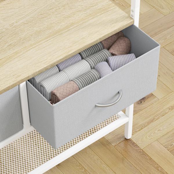Móvel Cabide de Entrada com Banco Sapateira 8 Ganchos 2 Gavetas de Tecido Barra Prateleira 80x30x180,5 cm Branco e Madeira